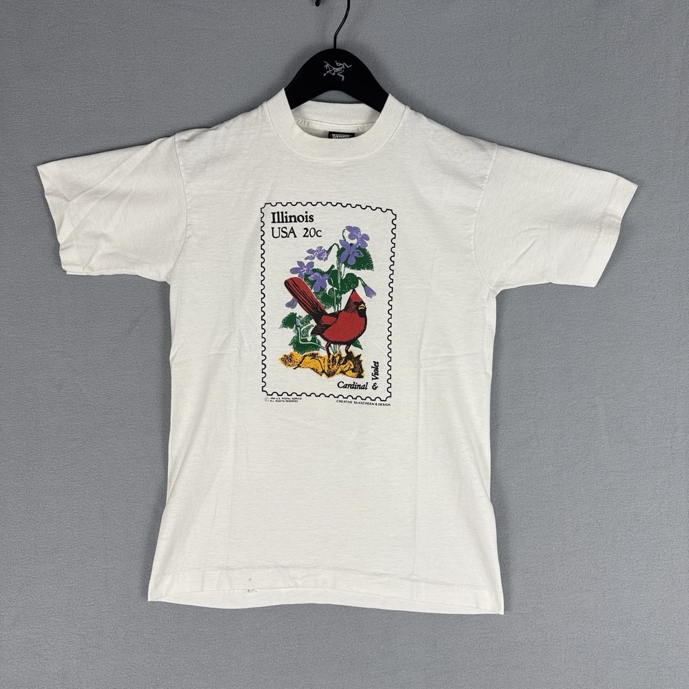 Vintage Illinois Postage Stamp USPS Graphic T-Shirt Size Medium Thin 90s Bird
